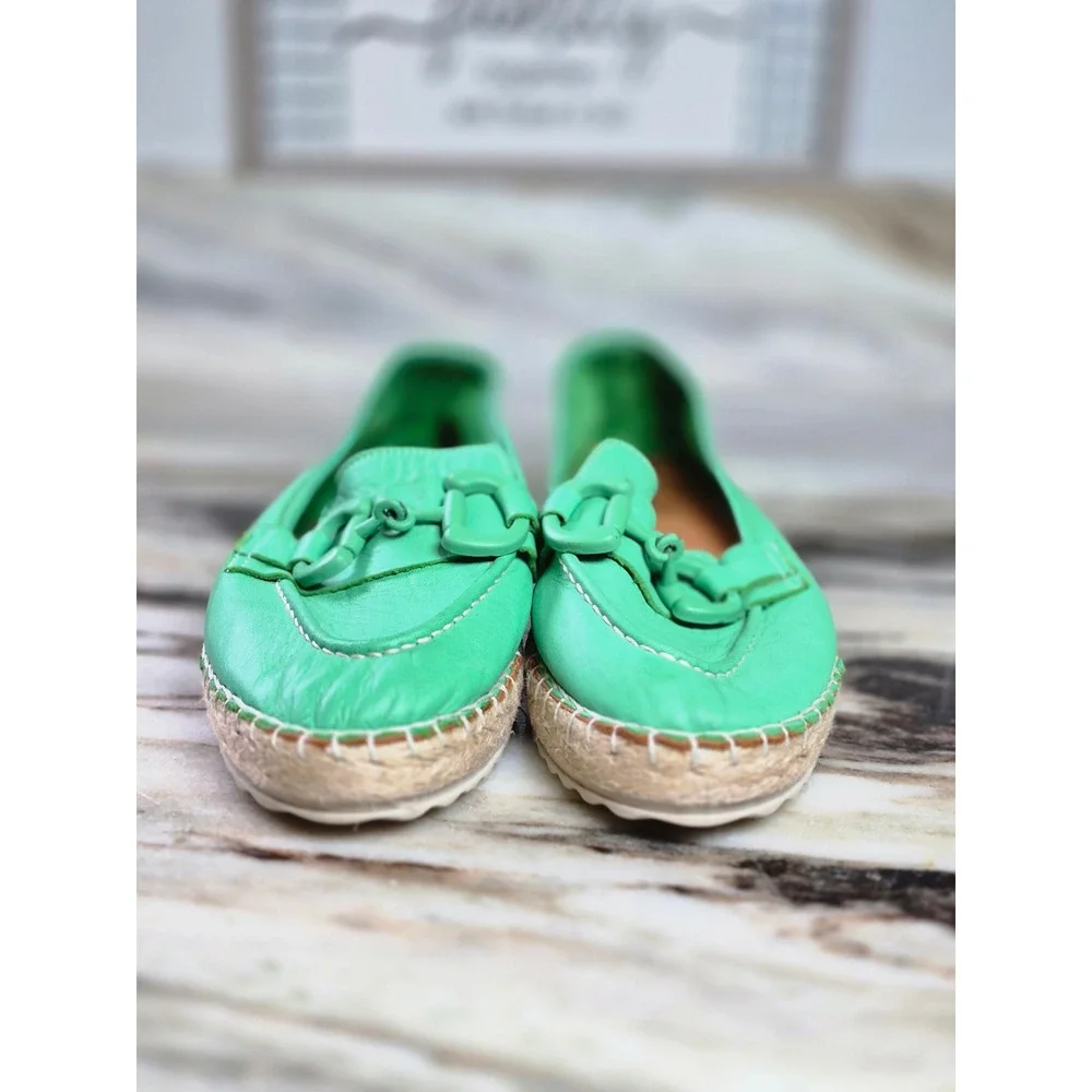 42 Gold Alberta Green Leather Espadrille Loafers Horsebit Detail 37 EU Womens